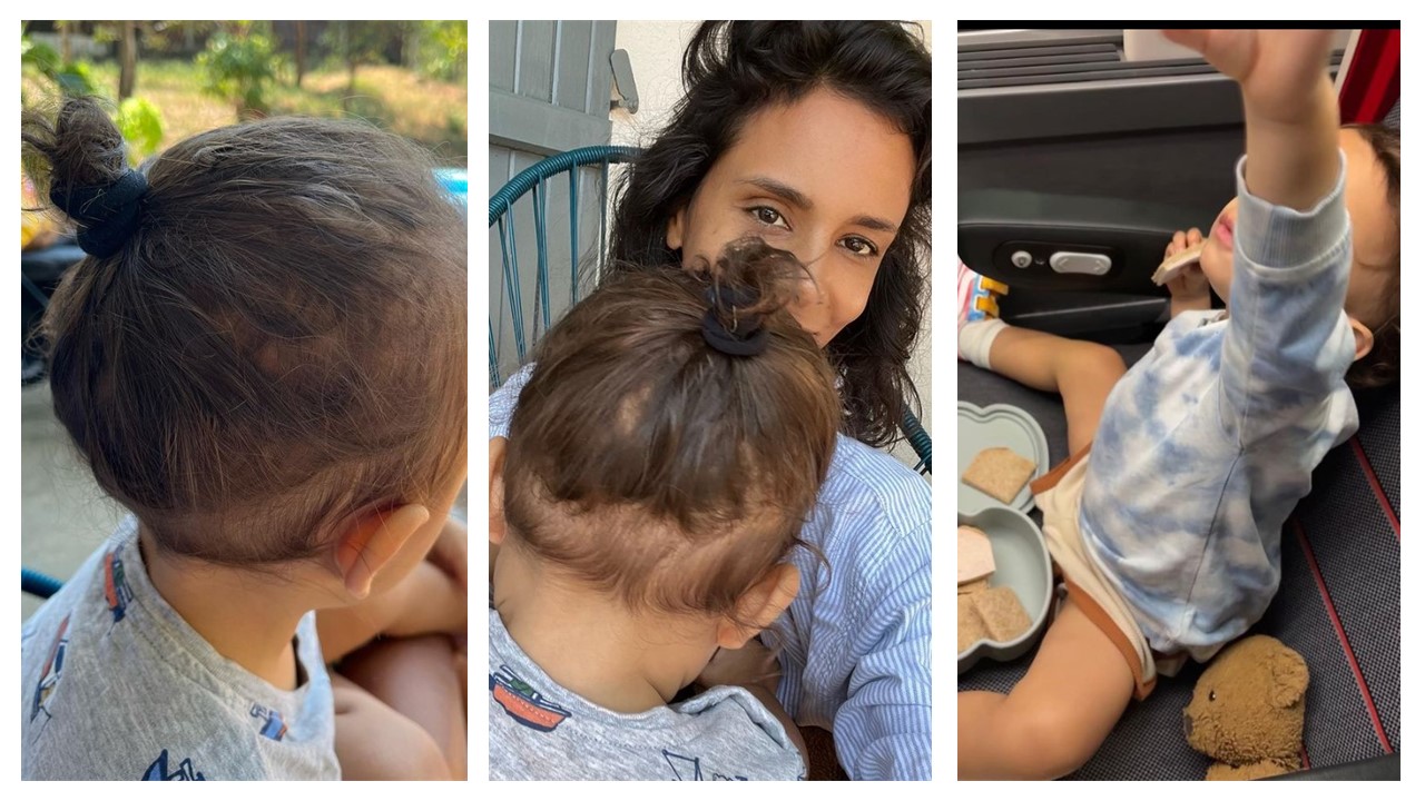 Shy’m avec son fils Tahoma (19 mois). Elle coiffe ses longs cheveux en chignon. Mignon !
